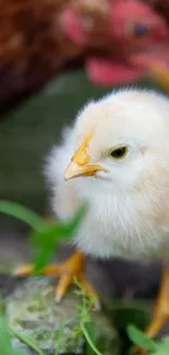 Fluffy chick standing in natural greenery.