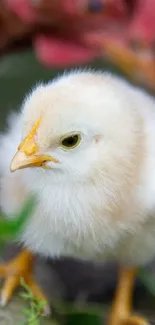 Cute chick standing in lush green grass with a brown hen in the background.