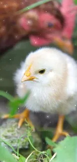 Adorable white chick with green background.