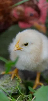 A fluffy baby chick stands in the grass, creating a peaceful scene.