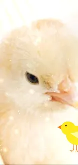 Close-up of a fuzzy yellow chick on a phone wallpaper.