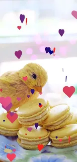 Cute chick with macarons and colorful heart shapes on a pastel background.