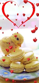 Fluffy chick with yellow macarons and a red heart on a floral plate.