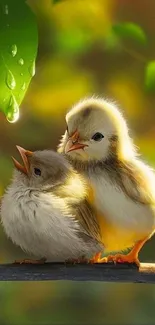 Two fluffy chicks on a branch under a dewy leaf in a vibrant nature setting.