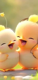 Two cute cartoon chicks with headphones, smiling joyfully.