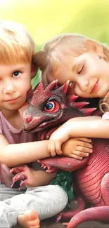 Cute children hugging a red dragon in fantasy art.