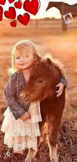 A child hugs a pony in a field at sunset with red hearts in the sky.