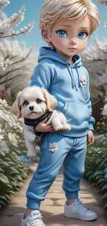 Child holding puppy in a floral path, cartoon style background.