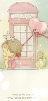 Child with balloon by vintage telephone box wallpaper.