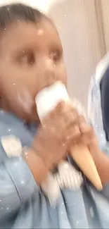 A cute child happily enjoying an ice cream.