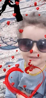 Child with sunglasses and hearts on carpet wallpaper