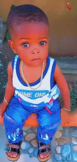 Adorable child in blue jeans with colorful top and accessories.