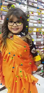 Smiling child in orange saree, surrounded by colorful fabrics in a shop.