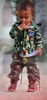 Young child in camouflage outfit standing outdoors, looking adorable.