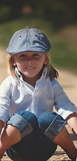 Child smiling outdoors in denim cap, sitting on pathway.