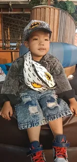 Young boy in denim with cap sitting indoors.