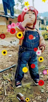 Cute child in blue overalls with colorful flowers surrounding them.