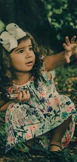 Child in a floral dress surrounded by lush greenery.