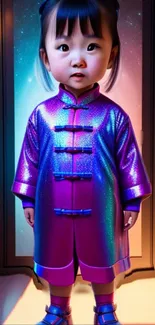 Child in a shimmering purple futuristic costume.