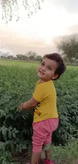 Smiling child in a lush green field under a soft sky.