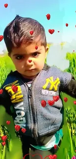 Cute child with red hearts in a vibrant green field.