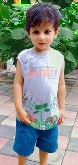 Child standing on tiles with green plants behind.