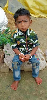 Young child sitting outdoors in a scenic, nature-inspired setting.