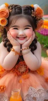 A smiling child in an orange dress with floral accessories.