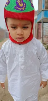 Adorable child in red hat and white traditional attire.