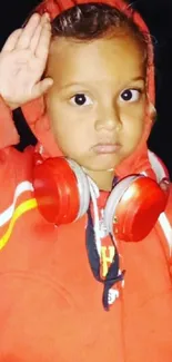 A cute child in a red hoodie with headphones posing confidently.