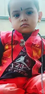 Cute child in a vibrant red outfit sitting on stairs.