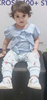 Child sitting on a black bench in a shopping mall with a gift card sign.