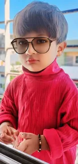 Cute child in glasses wearing a stylish pink outfit with an urban backdrop.