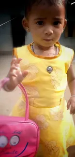 Child in a yellow dress holding a pink purse.