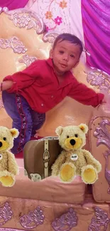 Cute child sitting with teddy bears on a decorative chair.