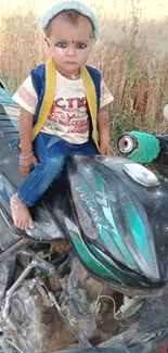 Cute child sitting on a motorbike in a serene outdoor setting.