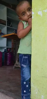 Child peeks from behind a bright yellow wall, jeans and green shirt visible.