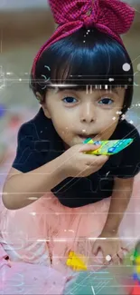 Adorable child in pink skirt playing, vivid and joyful.