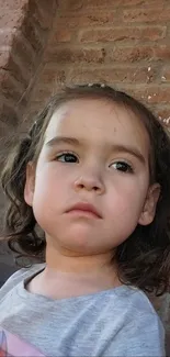 Adorable child with curly hair against a brick wall.