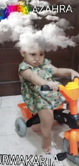 Child rides orange tricycle indoors, playful vibe.