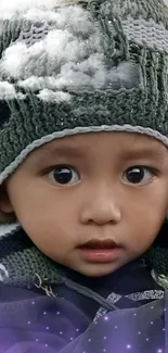 Adorable baby in a hat with clouds and stars backdrop.