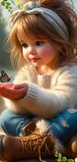 Cute child watching butterfly in nature