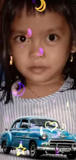 Adorable child with blue vintage car and starry accents.