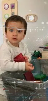 Cute toddler playing with colorful toys in a bright room.