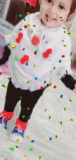 Adorable child with colorful confetti in a joyful background.