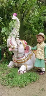 Child in traditional clothes with elephant statue in garden.