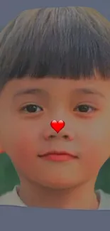 A child's face with a red heart on the nose.