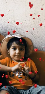 Child in orange shirt with heart bubbles.