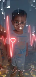 Cute child wearing glasses with heartbeat and stars overlay.