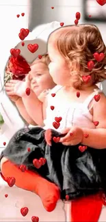 Adorable child with floating red hearts and a rose.